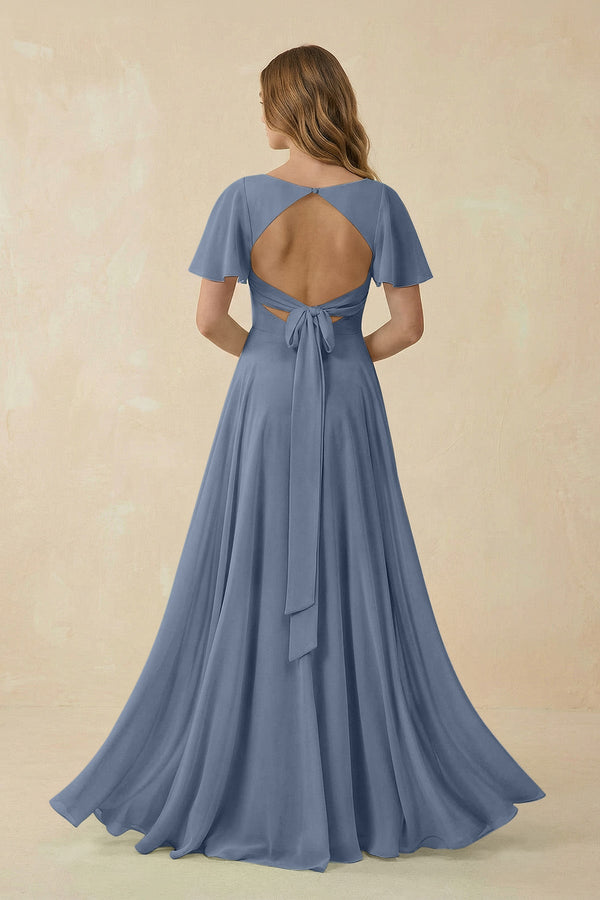 Flutter Sleeve V - Neck Chiffon A - Line Bridesmaid Dress in Neptune - KissProm Bridesmaid Dresses
