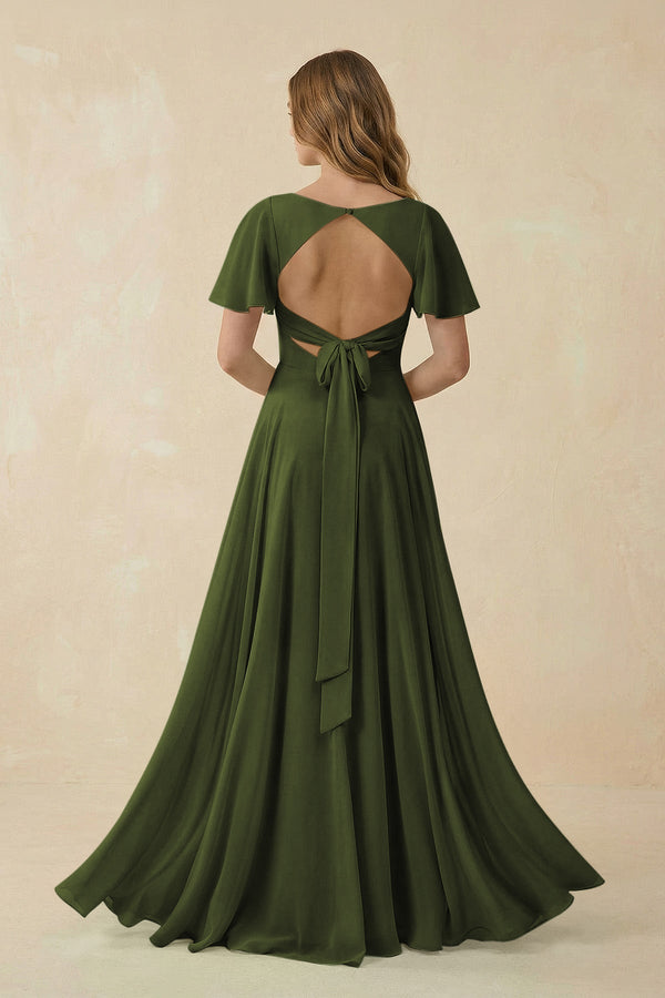 Flutter Sleeve V - Neck Chiffon A - Line Bridesmaid Dress in Olive - KissProm Bridesmaid Dresses