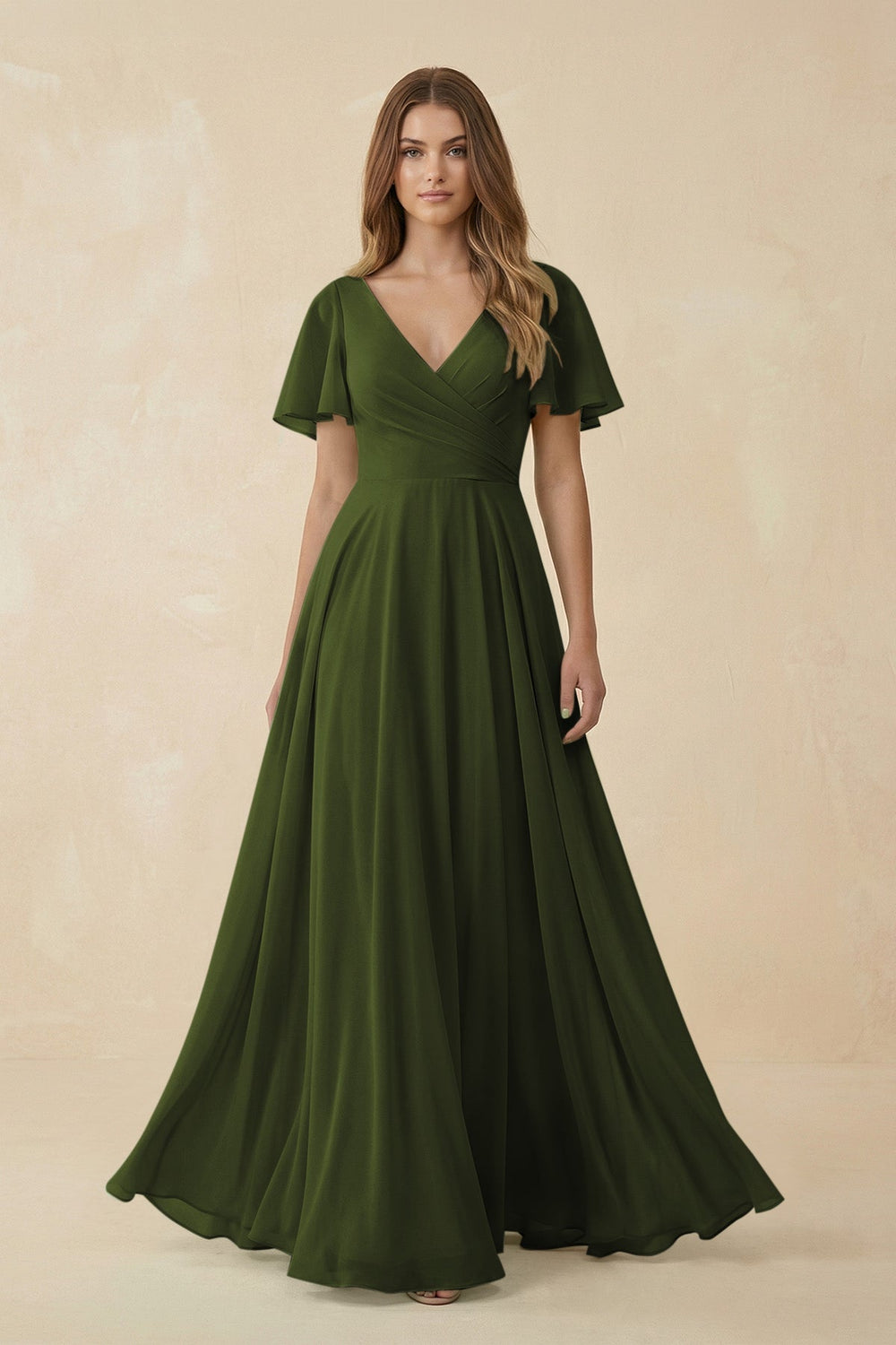 Flutter Sleeve V - Neck Chiffon A - Line Bridesmaid Dress in Olive - KissProm Bridesmaid Dresses