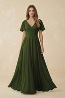 Flutter Sleeve V - Neck Chiffon A - Line Bridesmaid Dress in Olive - KissProm Bridesmaid Dresses