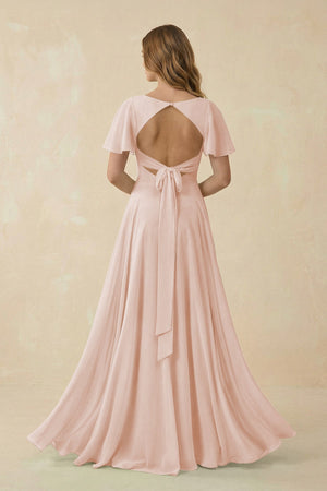 Flutter Sleeve V - Neck Chiffon A - Line Bridesmaid Dress in Pale Blush - KissProm Bridesmaid Dresses