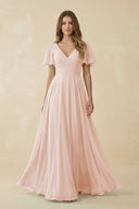 Flutter Sleeve V - Neck Chiffon A - Line Bridesmaid Dress in Pale Blush - KissProm Bridesmaid Dresses