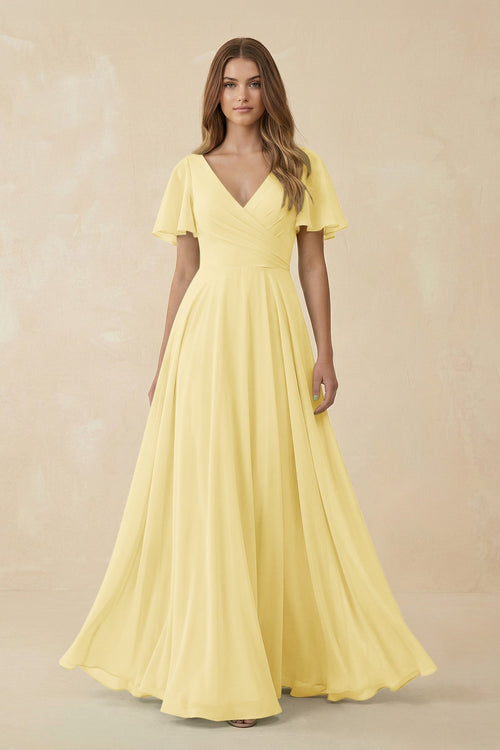 Flutter Sleeve V-Neck Chiffon A-Line Bridesmaid Dress in Pastel Yellow, Pastel Yellow / 22