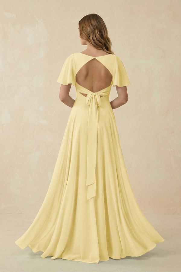 Flutter Sleeve V-Neck Chiffon A-Line Bridesmaid Dress in Pastel Yellow, Pastel Yellow / 2 Flutter Sleeve V-Neck Chiffon A-Line Bridesmaid Dress in Pastel Yellow, Pastel Yellow / 2