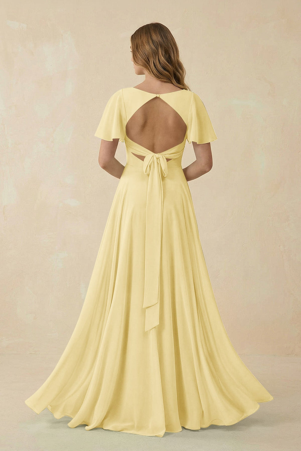 Flutter Sleeve V - Neck Chiffon A - Line Bridesmaid Dress in Pastel Yellow - KissProm Bridesmaid Dresses