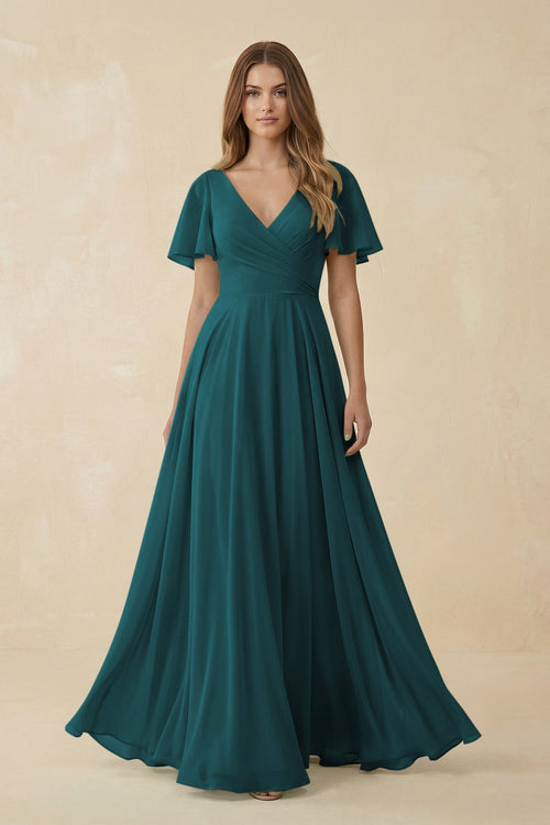 KissProm Flutter Sleeve V-Neck Chiffon A-Line Bridesmaid Dress in Pine, Pine / Custom Size( Free )