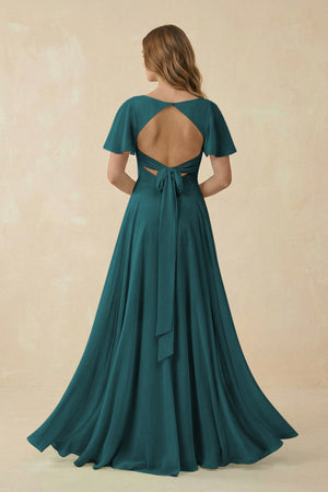 Flutter Sleeve V - Neck Chiffon A - Line Bridesmaid Dress in Pine - KissProm Bridesmaid Dresses