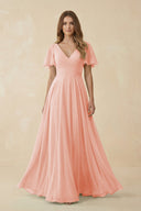 Flutter Sleeve V - Neck Chiffon A - Line Bridesmaid Dress in Rose Petal - KissProm Bridesmaid Dresses