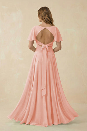 Flutter Sleeve V - Neck Chiffon A - Line Bridesmaid Dress in Rose Petal - KissProm Bridesmaid Dresses