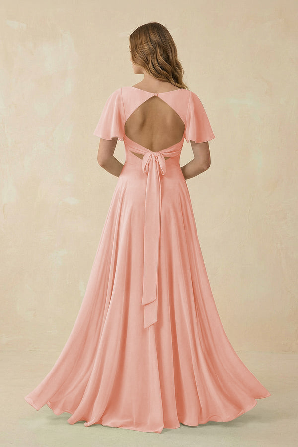 Flutter Sleeve V - Neck Chiffon A - Line Bridesmaid Dress in Rose Petal - KissProm Bridesmaid Dresses