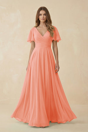 Flutter Sleeve V - Neck Chiffon A - Line Bridesmaid Dress in Rosette - KissProm Bridesmaid Dresses