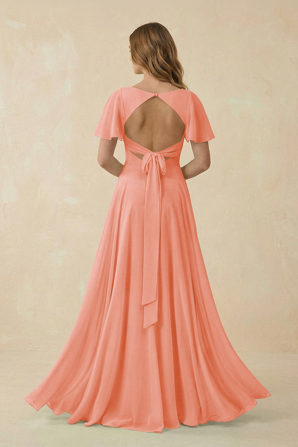 Flutter Sleeve V - Neck Chiffon A - Line Bridesmaid Dress in Rosette - KissProm Bridesmaid Dresses