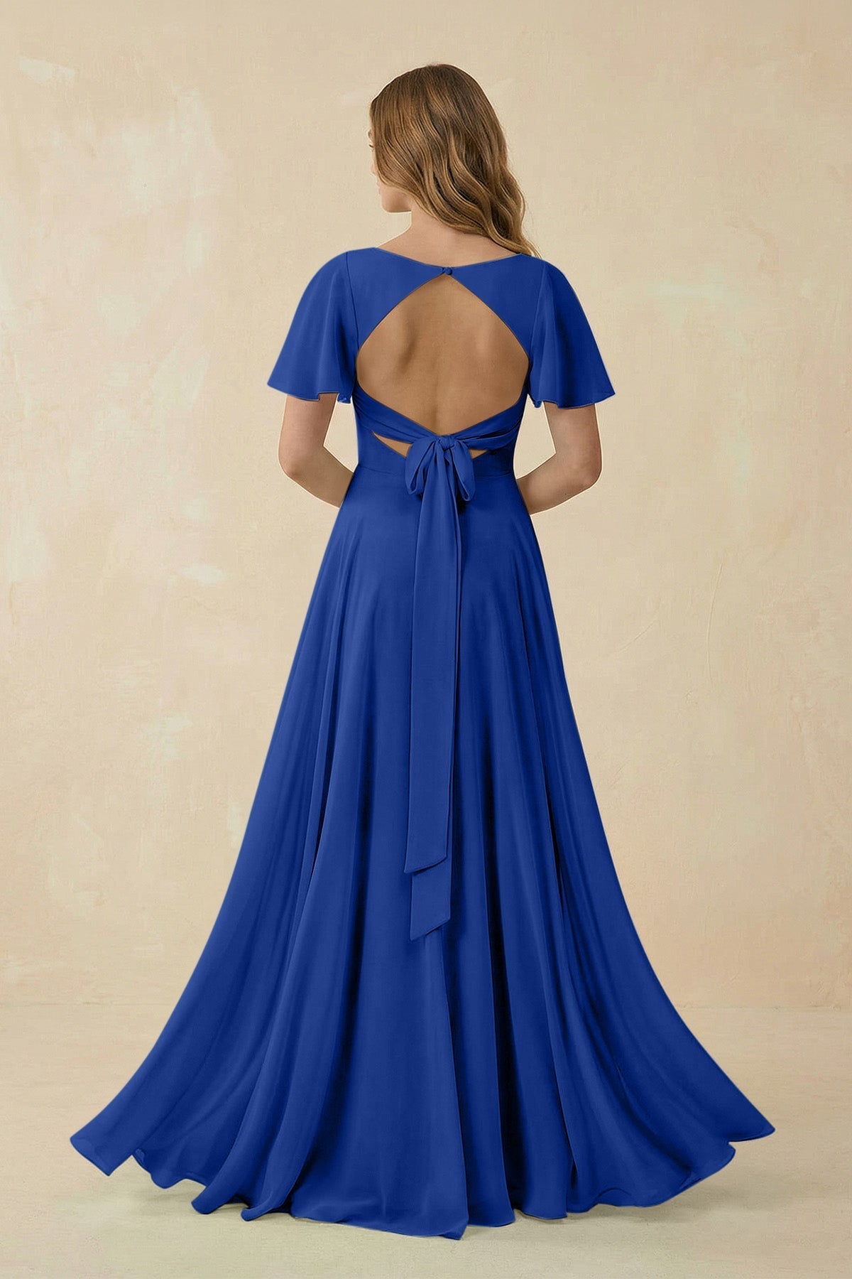 Flutter Sleeve V-Neck Chiffon A-Line Bridesmaid Dress in Royal Blue, Royal Blue / 14
