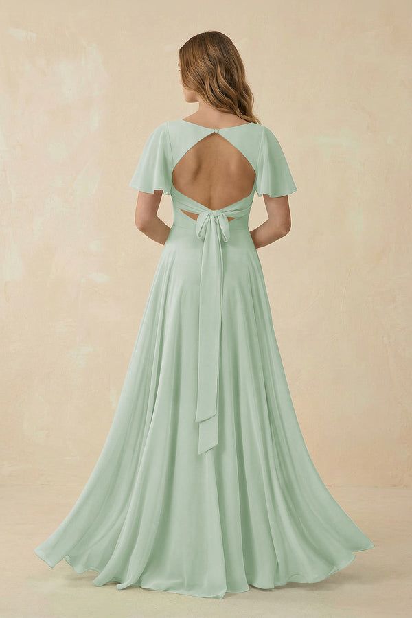 Flutter Sleeve V - Neck Chiffon A - Line Bridesmaid Dress in Sage - KissProm Bridesmaid Dresses