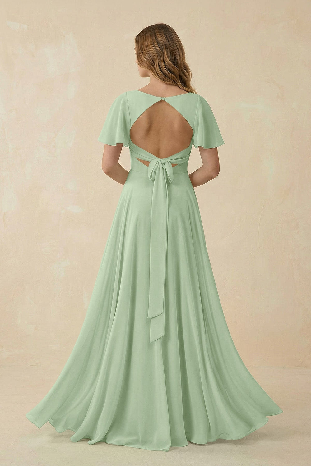 Flutter Sleeve V - Neck Chiffon A - Line Bridesmaid Dress in Sage - KissProm Bridesmaid Dresses