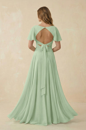 Flutter Sleeve V - Neck Chiffon A - Line Bridesmaid Dress in Sage - KissProm Bridesmaid Dresses