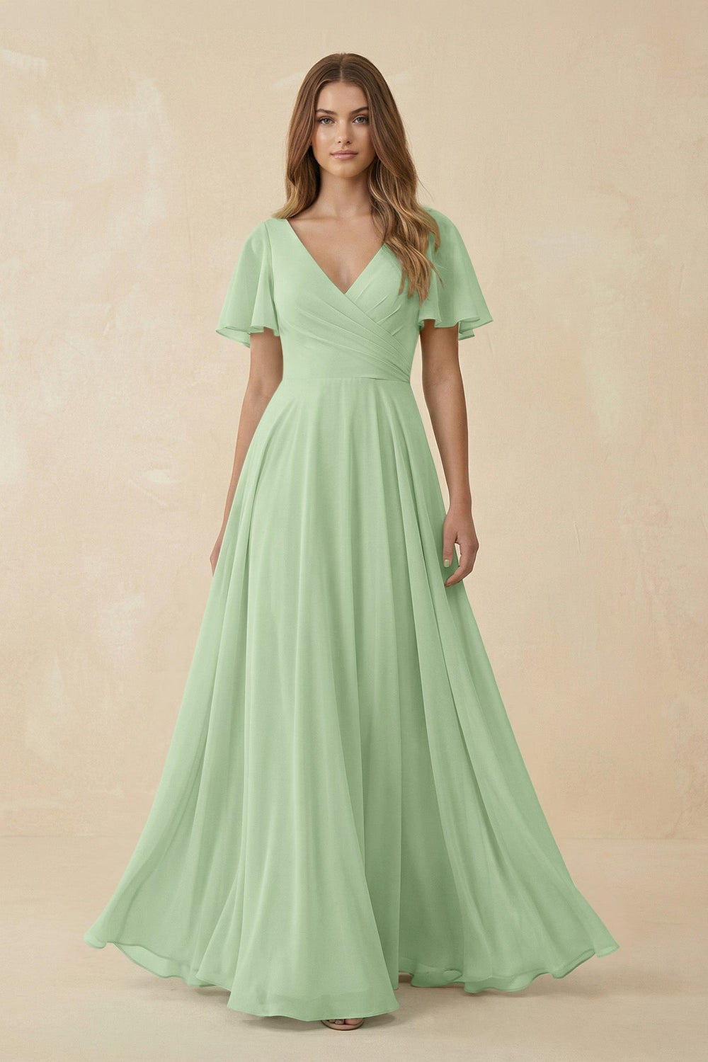Flutter Sleeve V - Neck Chiffon A - Line Bridesmaid Dress in Sage - KissProm Bridesmaid Dresses