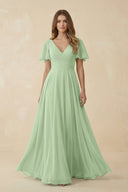 Flutter Sleeve V - Neck Chiffon A - Line Bridesmaid Dress in Sage - KissProm Bridesmaid Dresses