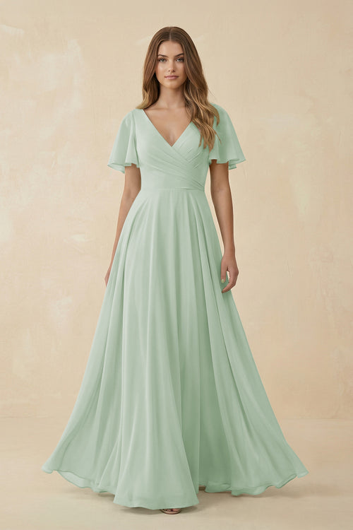 Flutter Sleeve V - Neck Chiffon A - Line Bridesmaid Dress in Sage - KissProm Bridesmaid Dresses