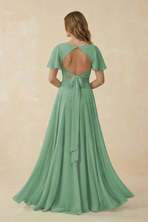 Flutter Sleeve V - Neck Chiffon A - Line Bridesmaid Dress in Sea Glass - KissProm Bridesmaid Dresses