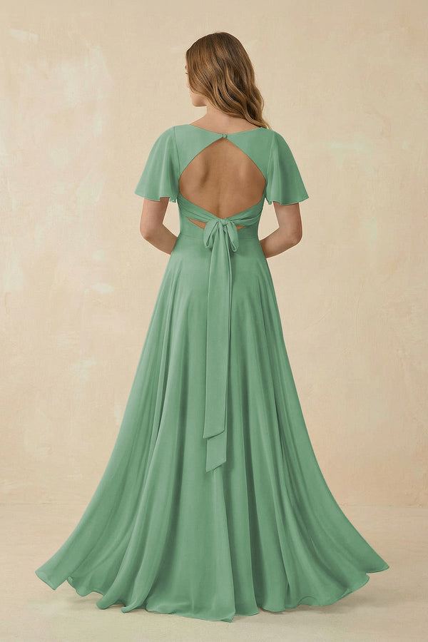 Flutter Sleeve V - Neck Chiffon A - Line Bridesmaid Dress in Sea Glass - KissProm Bridesmaid Dresses