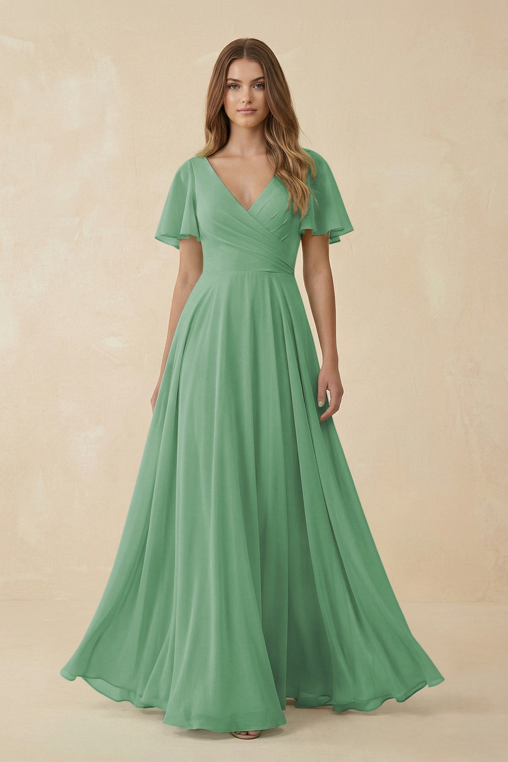 Flutter Sleeve V - Neck Chiffon A - Line Bridesmaid Dress in Sea Glass - KissProm Bridesmaid Dresses