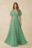 Flutter Sleeve V - Neck Chiffon A - Line Bridesmaid Dress in Sea Glass - KissProm Bridesmaid Dresses