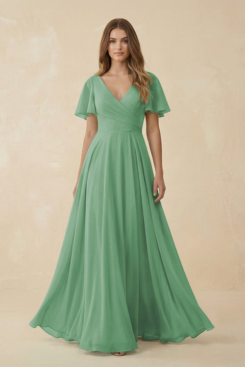 Flutter Sleeve V - Neck Chiffon A - Line Bridesmaid Dress in Sea Glass - KissProm Bridesmaid Dresses