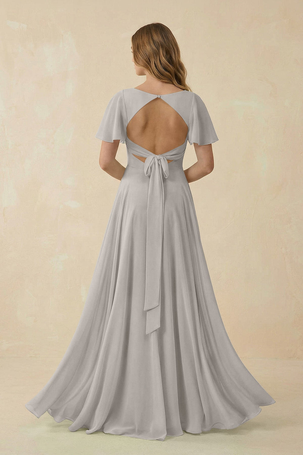 Flutter Sleeve V - Neck Chiffon A - Line Bridesmaid Dress in Silver - KissProm Bridesmaid Dresses
