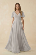 Flutter Sleeve V - Neck Chiffon A - Line Bridesmaid Dress in Silver - KissProm Bridesmaid Dresses