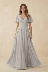 Flutter Sleeve V - Neck Chiffon A - Line Bridesmaid Dress in Silver - KissProm Bridesmaid Dresses