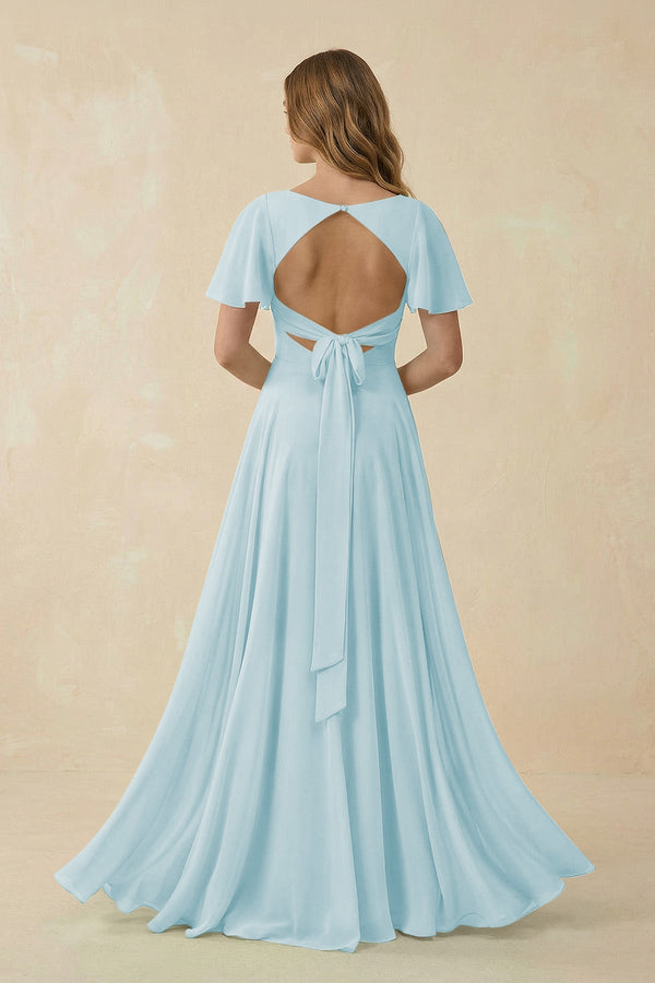 Flutter Sleeve V-Neck Chiffon A-Line Bridesmaid Dress in Sky Blue, Sky Blue / 10