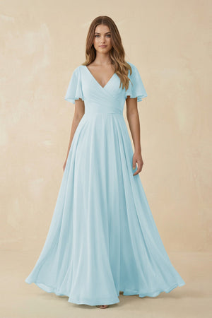 Flutter Sleeve V - Neck Chiffon A - Line Bridesmaid Dress in Sky Blue - KissProm Bridesmaid Dresses