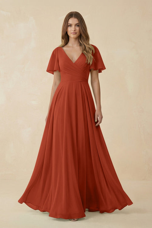 Flutter Sleeve V-Neck Chiffon A-Line Bridesmaid Dress in Spice
