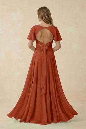 Flutter Sleeve V - Neck Chiffon A - Line Bridesmaid Dress in Spice - KissProm Bridesmaid Dresses