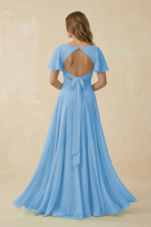 Flutter Sleeve V-Neck Chiffon A-Line Bridesmaid Dress in Steel Blue, Steel Blue / 8