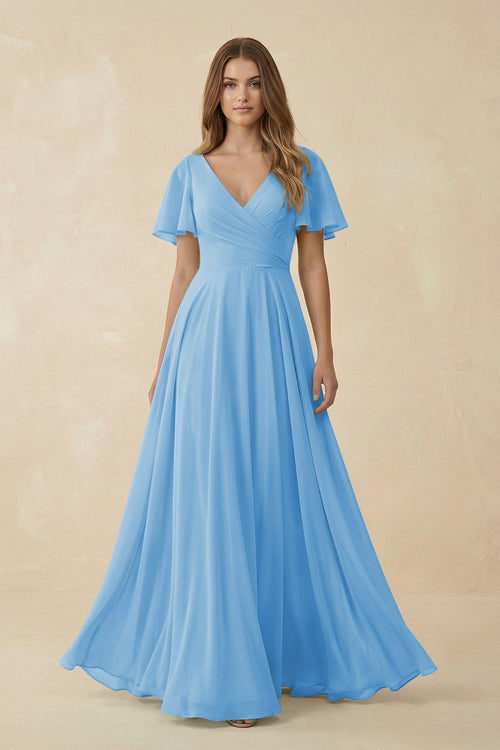 Flutter Sleeve V - Neck Chiffon A - Line Bridesmaid Dress in Steel Blue - KissProm Bridesmaid Dresses