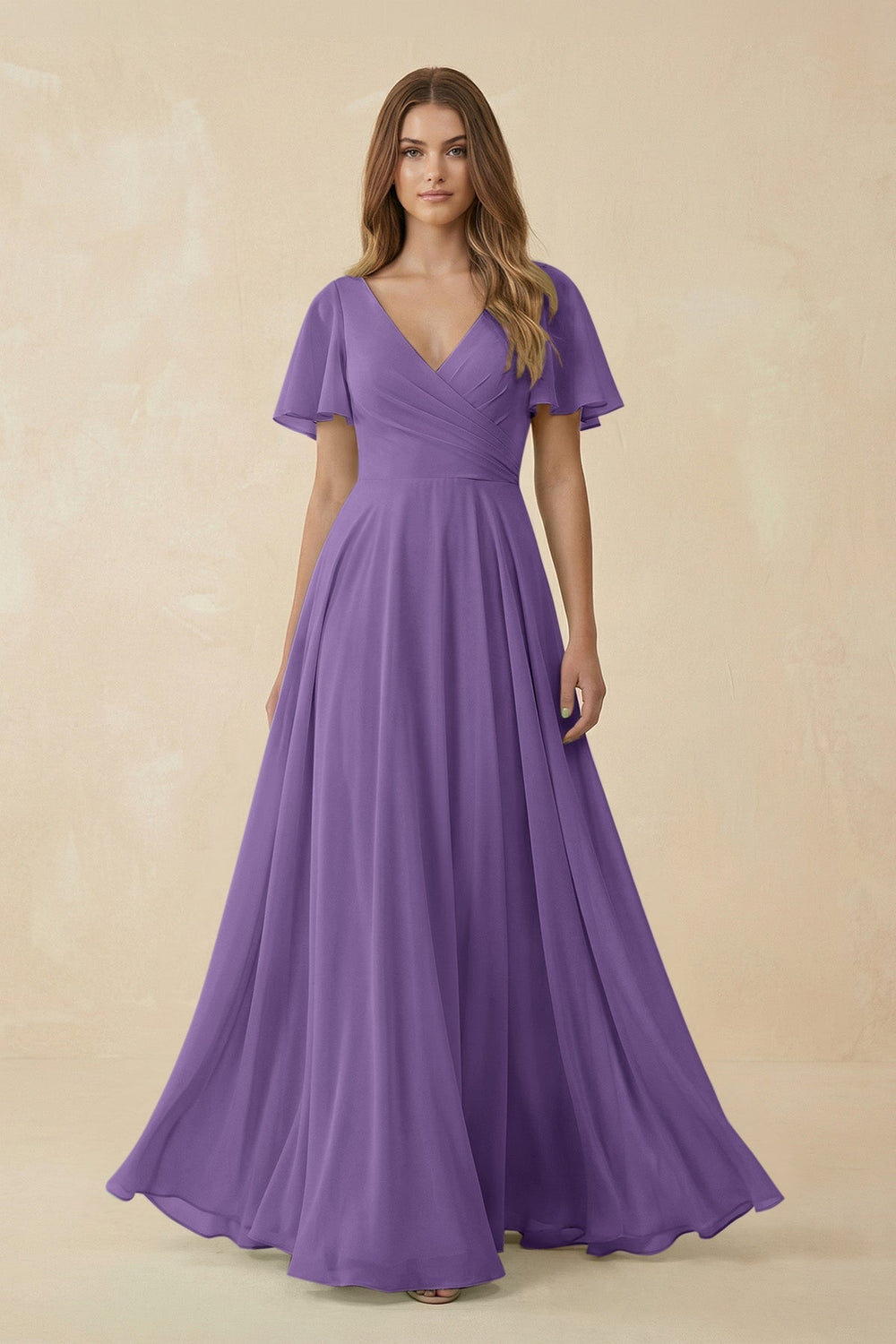 Flutter Sleeve V - Neck Chiffon A - Line Bridesmaid Dress in Tahiti - KissProm Bridesmaid Dresses