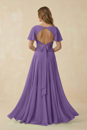 Flutter Sleeve V - Neck Chiffon A - Line Bridesmaid Dress in Tahiti - KissProm Bridesmaid Dresses