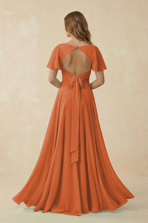 Flutter Sleeve V - Neck Chiffon A - Line Bridesmaid Dress in Terracotta - KissProm Bridesmaid Dresses
