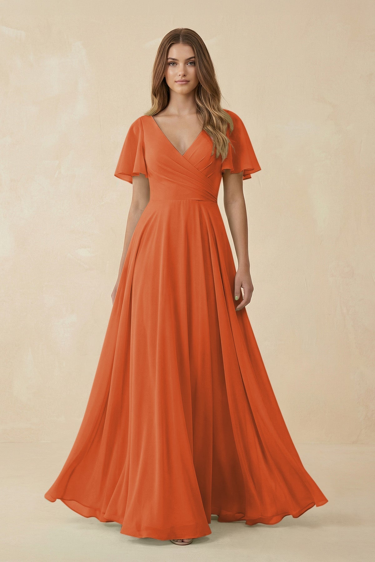 KissProm Flutter Sleeve V-Neck Chiffon A-Line Bridesmaid Dress in Terracotta, Terracotta / 6