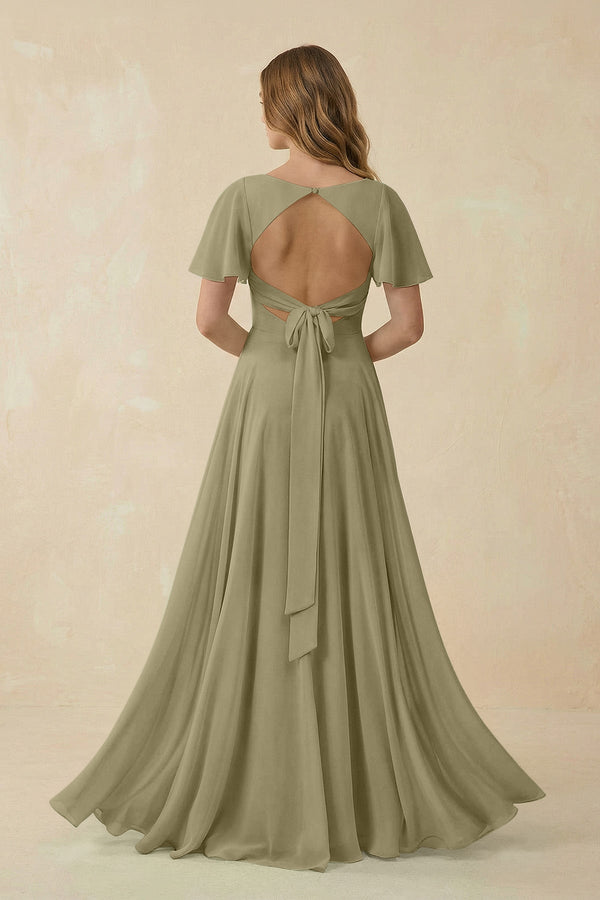 Flutter Sleeve V-Neck Chiffon A-Line Bridesmaid Dress in Thyme, Thyme / 12