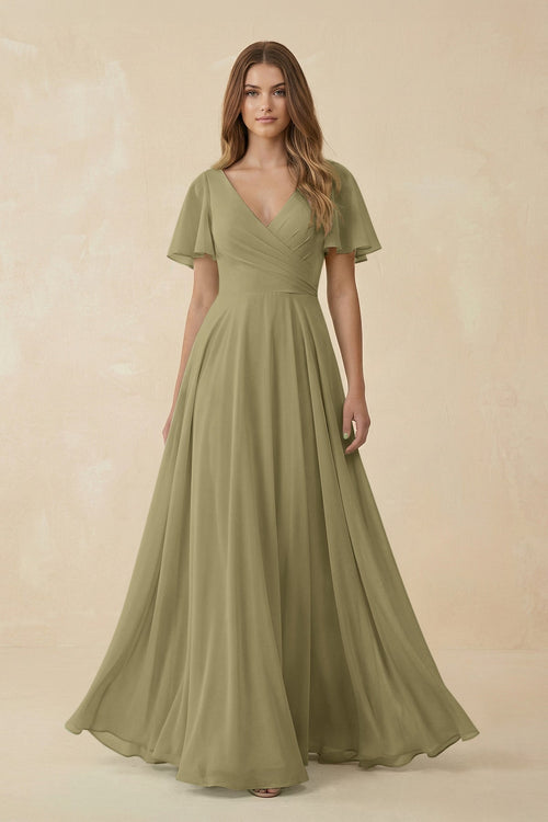 KissProm Flutter Sleeve V-Neck Chiffon A-Line Bridesmaid Dress in Thyme, Thyme / 22