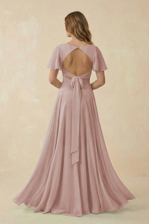 Flutter Sleeve V - Neck Chiffon A - Line Bridesmaid Dress in Toffee - KissProm Bridesmaid Dresses