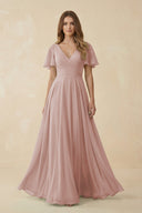 Flutter Sleeve V - Neck Chiffon A - Line Bridesmaid Dress in Toffee - KissProm Bridesmaid Dresses