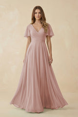Flutter Sleeve V - Neck Chiffon A - Line Bridesmaid Dress in Toffee - KissProm Bridesmaid Dresses