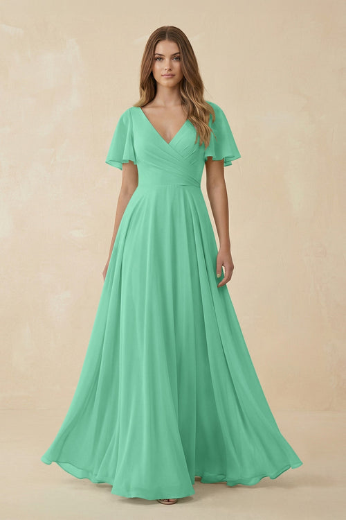 Flutter Sleeve V - Neck Chiffon A - Line Bridesmaid Dress in Turquoise - KissProm Bridesmaid Dresses
