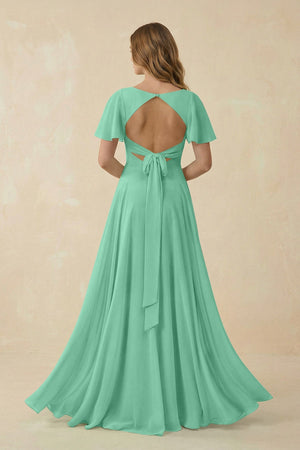 Flutter Sleeve V - Neck Chiffon A - Line Bridesmaid Dress in Turquoise - KissProm Bridesmaid Dresses