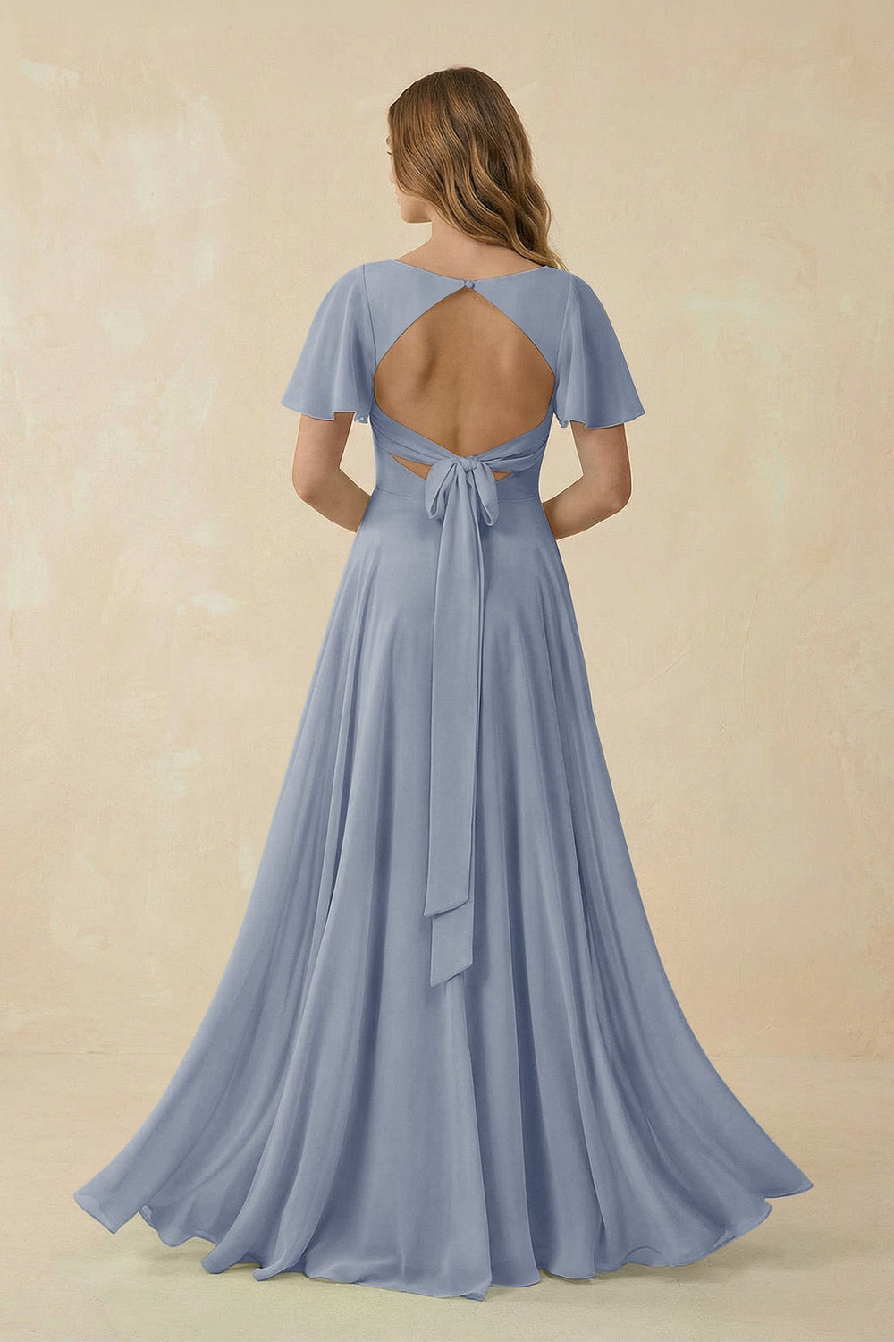 Flutter Sleeve V - Neck Chiffon A - Line Bridesmaid Dress in Twilight - KissProm Bridesmaid Dresses