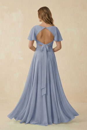Flutter Sleeve V - Neck Chiffon A - Line Bridesmaid Dress in Twilight - KissProm Bridesmaid Dresses